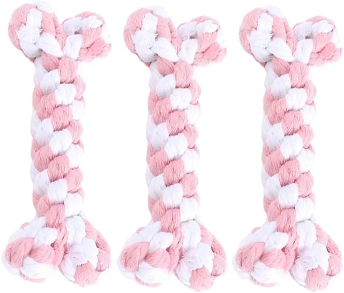 Dog Rope Toys Set with Bone-Shaped Chew Toy, Durable Cotton Rope Toys for Teething, Training, and Interactive Play for Small to Medium Dogs (Pink & White), 3 Piece-Set