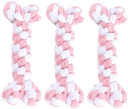 Dog Rope Toys Set with Bone-Shaped Chew Toy, Durable Cotton Rope Toys for Teething, Training, and Interactive Play for Small to Medium Dogs (Pink & White), 3 Piece-Set