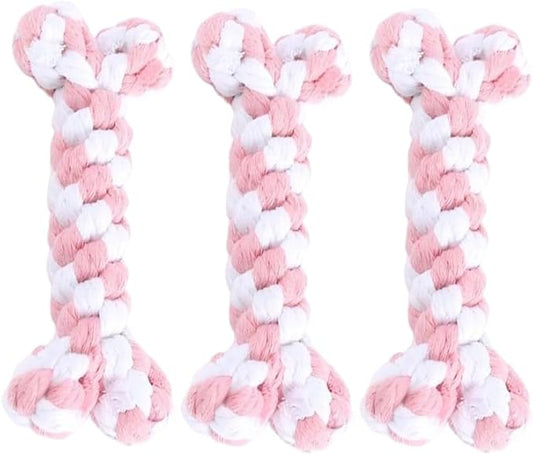 Dog Rope Toys Set with Bone-Shaped Chew Toy, Durable Cotton Rope Toys for Teething, Training, and Interactive Play for Small to Medium Dogs (Pink & White), 3 Piece-Set