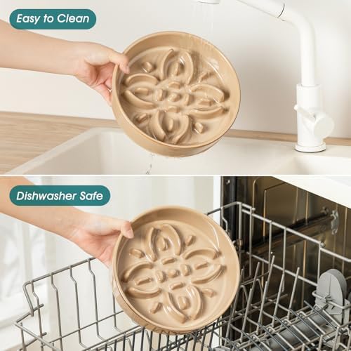 vancasso Ceramic Slow Feeder Dog Bowls, Puzzle Dog Food Bowls with Floral Maze, Anti -Slip Pet Food Dish for Medium Breed, 1.5 Cups, Brown - Image 5