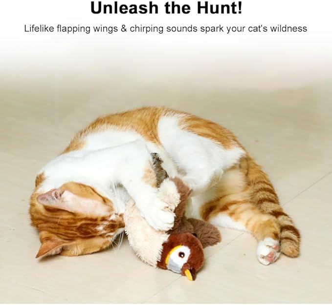 Tyasoleil Flapping Bird Cat Toy with Simulated Chirping & Touch-Activated Wings - Plush Interactive Kitten Toy for Indoor Cats, Self-Play Design with Catnip (Sparrow)