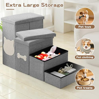 Dog Steps for High Bed, Foldable Dog Stairs with Storage, Grey - Image 3