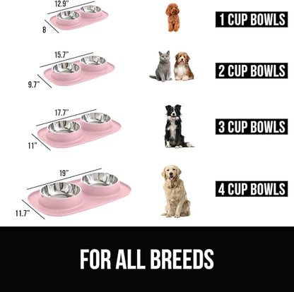 GORILLA GRIP Feeding Mat Bowl Set, 100% Waterproof BPA Free Silicone Base, 304 Stainless Steel Cat and Dog Bowls for Food and Water, Slip Resistant, High Edge, US Designed, Patent Pending, 1 Cup Pink