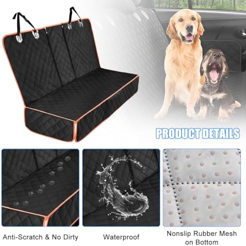 Dog Car Back Seat Cover, Waterproof Scratch-Resistant 600D Heavy Duty Vehicle Pet Bench Seat Protector, Non Slip Automotive Interior Backseat Cushions, Universal for SUV Sedan Truck (Orange) - Image 3
