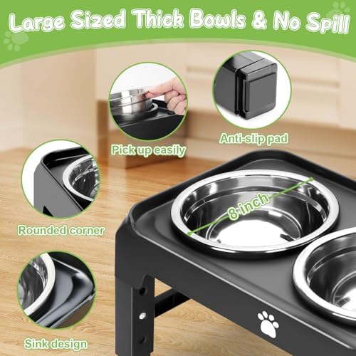 Elevated Bowls with Adjustable Heights - Raised Stand with 2 Stainless Steel Food Bowls, Non-Slip Foldable Feeder for Medium Large Dogs, Adjusts to 12.36", 10.75", 9.2", 3.7", Black - Image 4