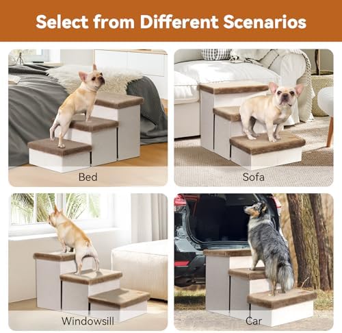 Zerbuger Dog Stairs with Storage Khaki Furry Lids 3 Steps Dog Ramp no Condo - Image 5