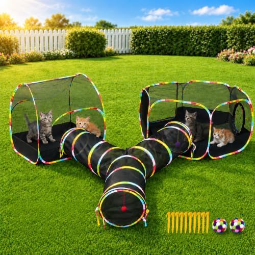 Outdoor Cat Enclosure, 3-in-1 Portable Pop Up Cat Mesh Tent with Tunnel for Cat Run, Easy Set Up and Foldable Outdoor Catio for Indoor Cats, Rabbits & Small Animals, Includes Storage Bag by Naielfopet