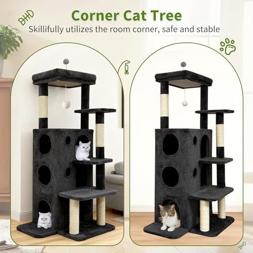 48" Cat Tree Tower for Indoor Cats, Multi-Level Cat House for Large Cats with 3 Cozy Cat Condos, Extra Large Top Perch, Sisal Scratching Posts & Climbing Steps, Dark Gray - Image 3
