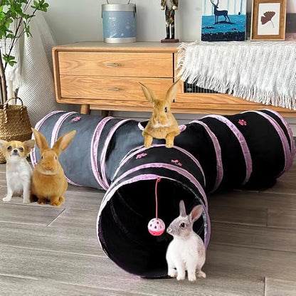 Rabbit Tunnels & Tubes Collapsible 3 Way Black with Pink Paws, Play Tunnel Tube Toy with Hanging Ball for Kitten, Puppy, Bunny, Ferret, Interactive Toys for Fun Playtime & Exercise by Mabaytir