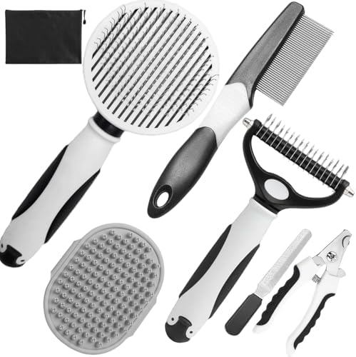 Dog Brush for Shedding, 7 PCS Dog Grooming Brush Kit, Undercoat Rake, Slicker Brush, Deshedding Comb, Bath Brush, Nail Clipper for Long & Short Haired Dogs & Cats, Black by KUEIOX
