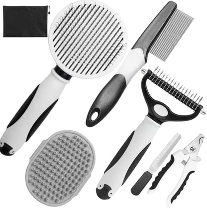 Dog Brush for Shedding, 7 PCS Dog Grooming Brush Kit, Undercoat Rake, Slicker Brush, Deshedding Comb, Bath Brush, Nail Clipper for Long & Short Haired Dogs & Cats, Black by KUEIOX