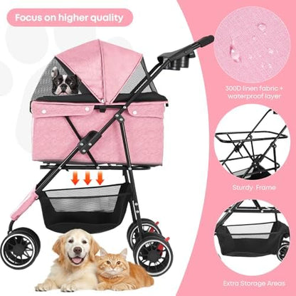 Pet Stroller,Dog Stroller for Small Medium Dogs Cats,3 Wheels,Pink - Image 3
