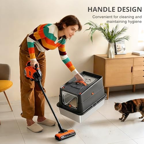 Stainless Steel Litter Box with Lid, XL Enclosed Cat Litter Box for Big Cats, Easy to Clean High Sided Metal Kitty, Front & Top Entry, Scoop, Mat& Foot Pedal - Black - Image 3