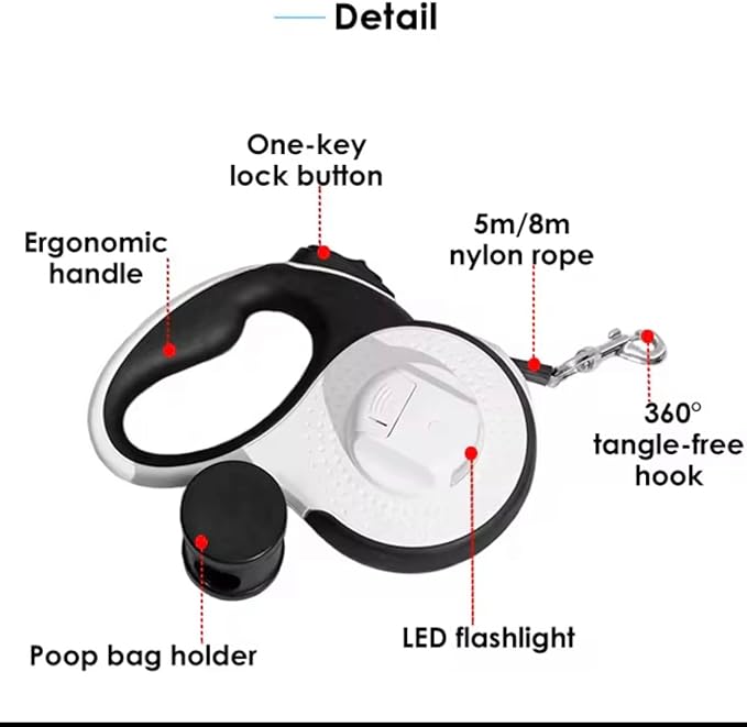 Retractable Dog Leash with LED Light for Night Walking – 16ft Tangle-Free Leash with Poop Bag Dispenser, One-Button Lock, Reflective Handle