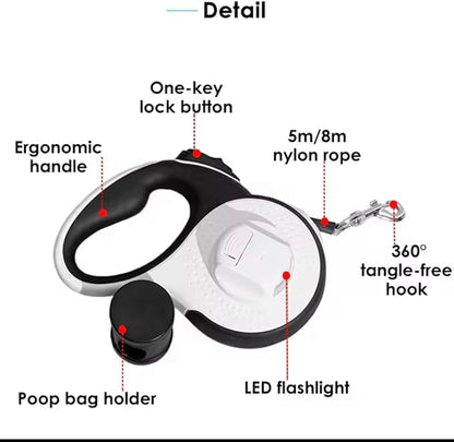 Retractable Dog Leash with LED Light for Night Walking – 16ft Tangle-Free Leash with Poop Bag Dispenser, One-Button Lock, Reflective Handle