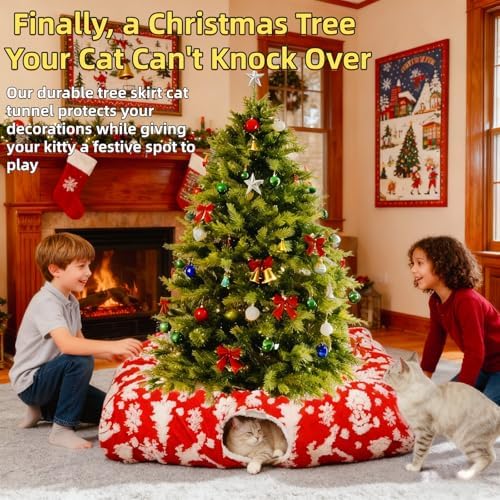 Extra Large Cat Tunnel Bed for Indoor Cats with Warm Mat,Cat Toys Cave Dount Tube for Xmas Decor Red - Image 2