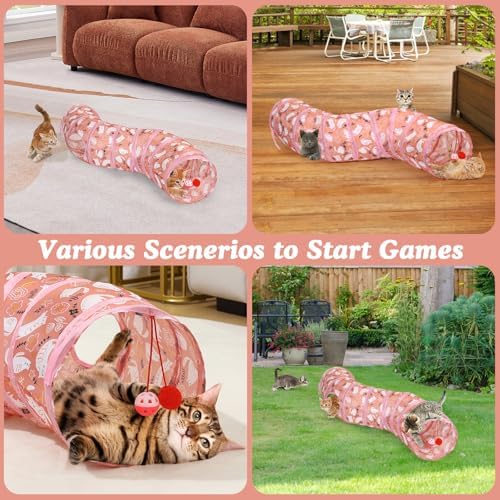 Pawaboo Cat Tunnel Tube S-Shaped, 25x97cm, Pink Kitties - Image 7