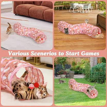 Pawaboo Cat Tunnel Tube S-Shaped, 25x97cm, Pink Kitties - Image 7
