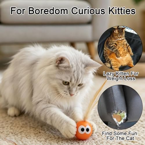 Bouncy Cat Toys with Feathers 3-Pack, Interactive Rubber Ball with Goofy Eyes and Natural Tail for Indoor Cats & Kittens, High Elastic Bouncing Toy for Chase Hunt Play - Image 4