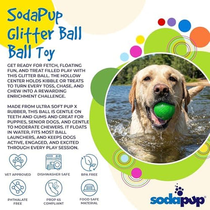SodaPup Glitter Ball – Soft Dog Ball Toy, Floating Fetch Ball and Treat Dispenser Made in USA from Non-Toxic Pet Safe Food Safe PUP-X Rubber for Bonding, Physical Exercise, & More - Image 3