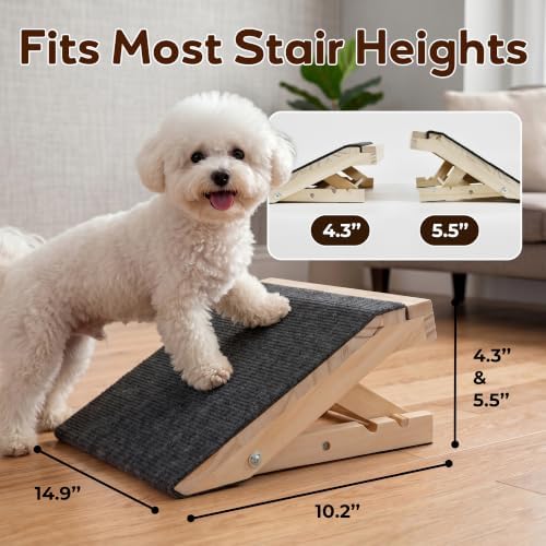 Adjustable Wooden Dog Stair Ramp, 4.3 & 5.5 Inch Height Foldable Non Slip Pet Step Ramps (2-Pack) - Image 2