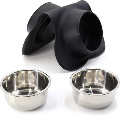 Pet Deluxe Dog Bowls Stainless Steel Dog Bowl with No Spill No Skid Silicone Mat, 24/48 oz Dog Food and Water Bowl Set Double Dog Feeder Bowl Dog Dish for Small Medium Large Sized Dogs Cats Puppy