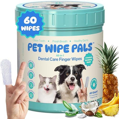 All-in-1 Dog Teeth Cleaning Wipes | Enzymatic Whitening + Micro Scrubbing Beads | Pet Dental Wipes & Finger Tooth Brushing Kit | Plant-Based Dental Care for Cats & Dogs (60 Count) by PetWipePals