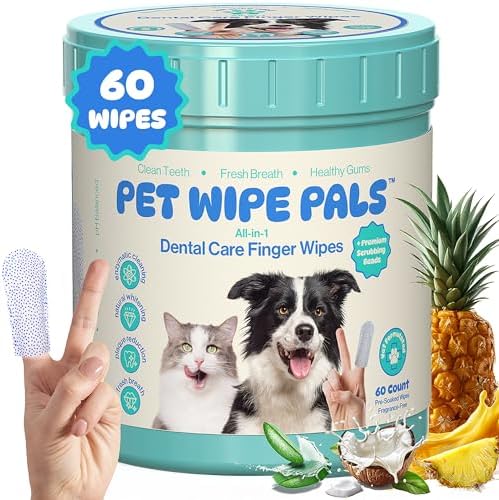 All-in-1 Dog Teeth Cleaning Wipes | Enzymatic Whitening + Micro Scrubbing Beads | Pet Dental Wipes & Finger Tooth Brushing Kit | Plant-Based Dental Care for Cats & Dogs (60 Count) by PetWipePals