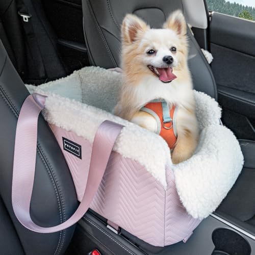 PETSFIT Cat Car Seat, Portable Console Dog Car Seat with Safe Protective Hooks, Luxury Pet Car Seat Includes Safety Leash and Storage Pocket for Pets Up to 9 lbs (Pink) by Petsfit