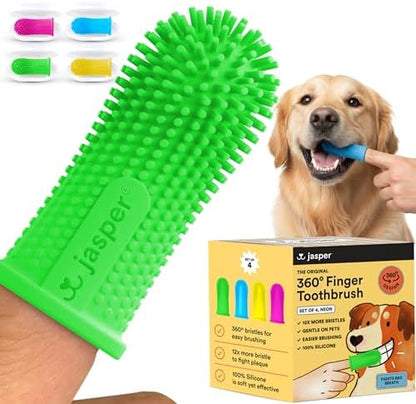 Jasper Dog Toothbrush, 360° Finger Toothbrush for Dogs & Cats, Neon 4-Pack by OralWellnessforPets