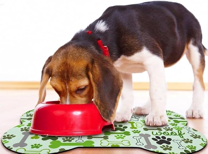 Dog Food Mats for Floors Waterproof, Pet Feeding Absorbent Water Bowl Mat Cat Placemats Green Bone Shape 23.6 * 15.7 inch