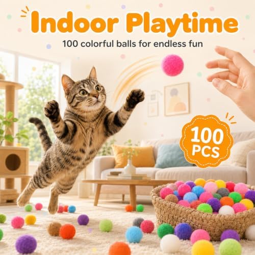 100 Pcs Cat Pom Pom Balls, 1 Inch Colorful Cat Toy Balls - Image 4