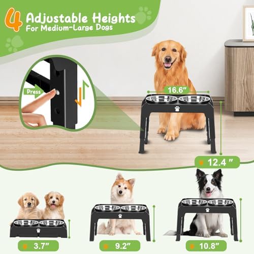 Elevated Bowls with Adjustable Heights - Raised Stand with 2 Stainless Steel Food Bowls, Non-Slip Foldable Feeder for Medium Large Dogs, Adjusts to 12.36", 10.75", 9.2", 3.7", Black - Image 2