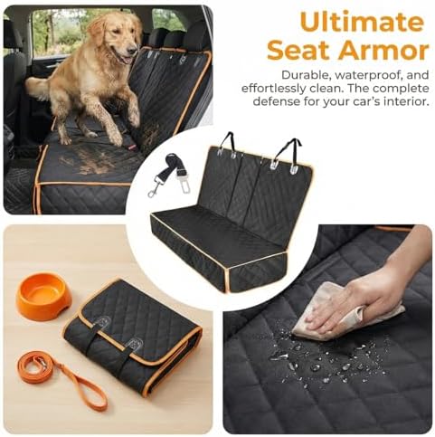 Dog Car Seat Cover for Back Seat, Waterproof Non-Slip Automotive Pet Bench Seat Pad Cover, Soft Vehicle Dog Middle Armrest Pet Backseat Bed Mat Protector, Universal Fit (Black/Orange) - Image 6