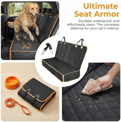 Dog Car Seat Cover for Back Seat, Waterproof Non-Slip Automotive Pet Bench Seat Pad Cover, Soft Vehicle Dog Middle Armrest Pet Backseat Bed Mat Protector, Universal Fit (Black/Orange) - Image 6