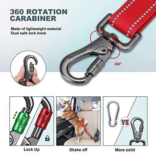 IOKHEIRA Dog Seat Belt 3-in-1 Car Harness for Pets Adjustable Safety Seatbelt Nylon Reflective Bungee Fabric Dog Car Harness with Clip Hook Latch & Buckle, Swivel Zinc Alloy Carabiner Red - Image 3