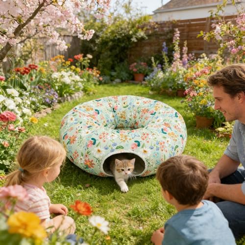 Cat Donut Tunnel for Indoor Cats in Spring & Summer, Cute Cat Tunnel Bed for Large Small Cats, Multifunctional Peekaboo Cat Cave Long Circle Playground Toys for Kitty Puppy Rabbit Ferret,Floral Design - Image 2