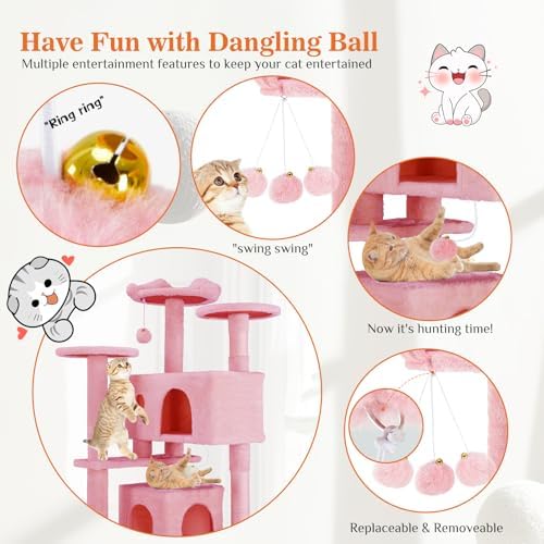 Sweetcrispy 54-Inch Cat Tree Tower – Multi-Level with Sisal Scratching Post, Perfect Pet Gift, Indoor Condo with Climbing Ladder, Plush Toy, and More Animal Stuff, Pink - Image 6