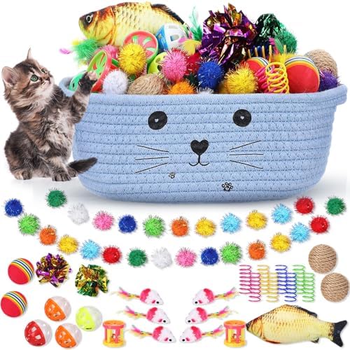 Zopeal 58 Pcs Cat Toy Set with Storage Basket Indoor, Light Blue, 9.8 Inch by Zopeal