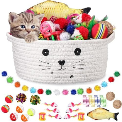 Zopeal 58 Pcs Cat Toy Set with Storage Basket Indoor, White, 9.8 Inch by Zopeal