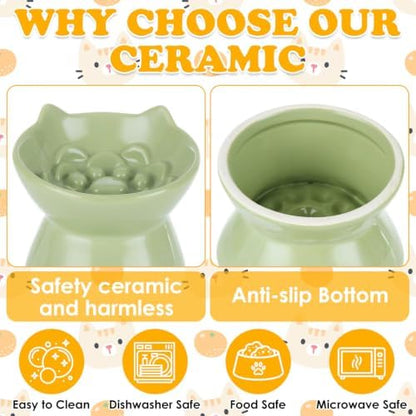 2 Pcs Elevated Slow Feeder Cat Bowls, 5.91 x 5.24 Inch Ceramic Cat Slow Feeder Bowl, 3.54 Inch Raised Base, 3.38 Fl Oz, Green and Blue Ear Shaped Dishes - Image 7