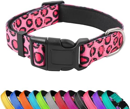 Reflective Dog Collar, Adjustable Neoprene Padded,Leopard Pink,L by PWOD
