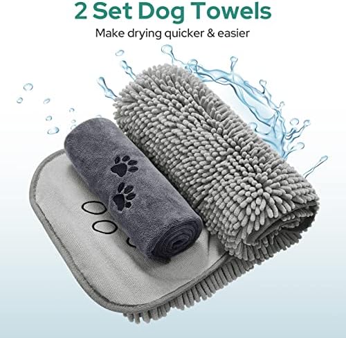 HOMEIDEAS 2 Pack Dog Towels Set, Chenille and Microfiber, Super Absorbent Soft Bath Shammy Towel with Hand Pockets for Pets Drying - Image 2