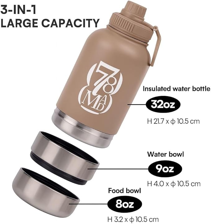 3-in-1 Dog Water Bottles with Food & Water Bowls – Insulated Stainless Steel 32oz Travel Bottle for Walking, Hiking & Outdoor Adventures (Black)