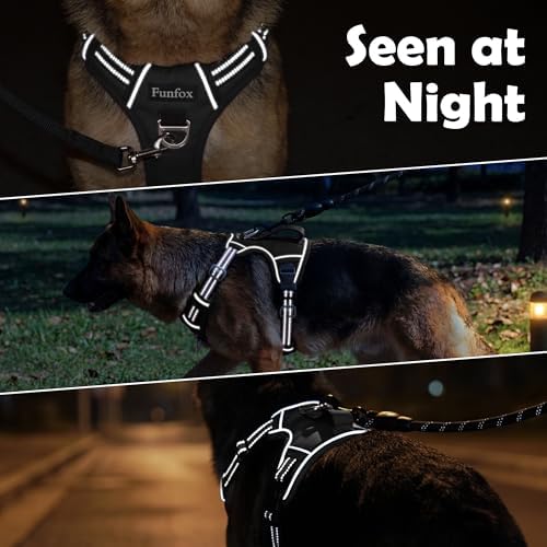 Funfox Dog Harness for X-Large Dog No Pull, Adjustable Pet Vest Harness, Vertical Handle Easy Control with 2 Leash Clips, Soft Material, Reflective Safe Night Walking for X-Large Size, Black, XL - Image 7