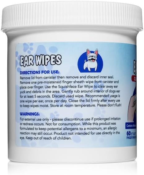 Squishface Dog Ear Relief Individual Finger Sheath Wipes – Non-Allergenic Ingredients & Irritation-Reducing Formula Cleans & Deodorizes, Helps Prevent Ear Itch & Odor – for All Breeds! (60 Count)