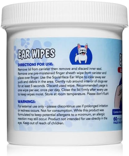 Squishface Dog Ear Relief Individual Finger Sheath Wipes – Non-Allergenic Ingredients & Irritation-Reducing Formula Cleans & Deodorizes, Helps Prevent Ear Itch & Odor – for All Breeds! (60 Count)