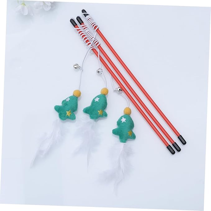 NOLITOY 3 Pack Christmas Cat Tease Sticks Funny Interactive Toys Pet Training Wand Christmas Tree Theme