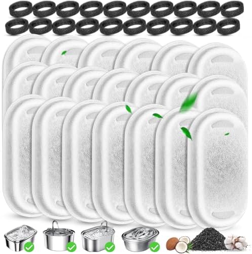 Cat Water Fountain Filters Replacement, 20 Pcs Pet Water Fountain Filter with 20 Pcs Foam Sponges for 67oz/2L & 108oz/3.2L Stainless Steel Pet Cat Water Fountain Dispenser Filters by Beyolike