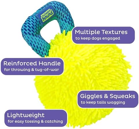 Outward Hound FlyFetch Giggle Ball Dog Toy, Giggles & Squeaks, Handle for Tug & Fetch, Lightweight, Multiple Textures, All Breeds, 7.3" - Image 3